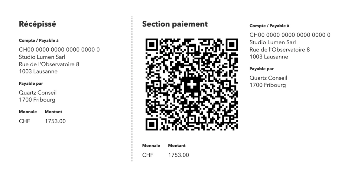 Exemple de bulletin de versement QR suisse, avec récépissé, section paiement et code QR scannable